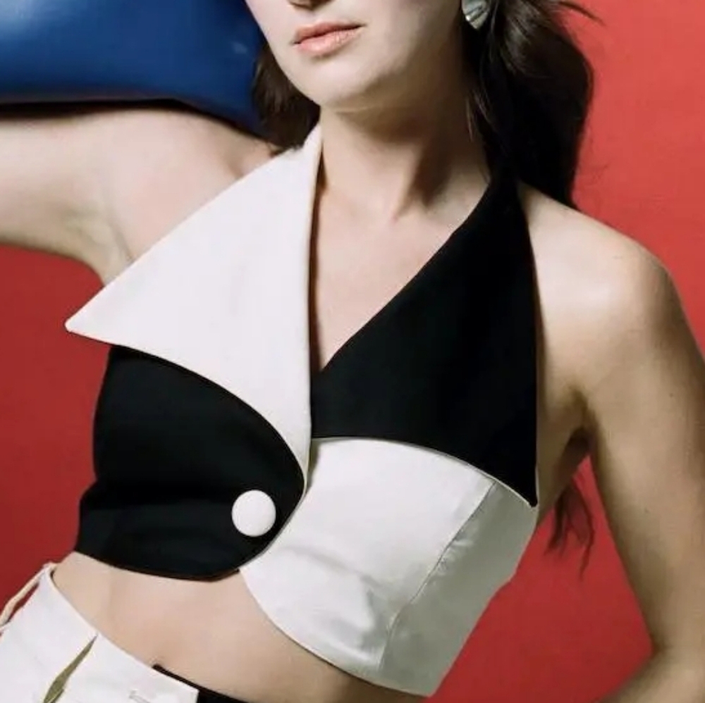 ISO Santos by Monica Black and White Collared Gina Halter Top in XS or S